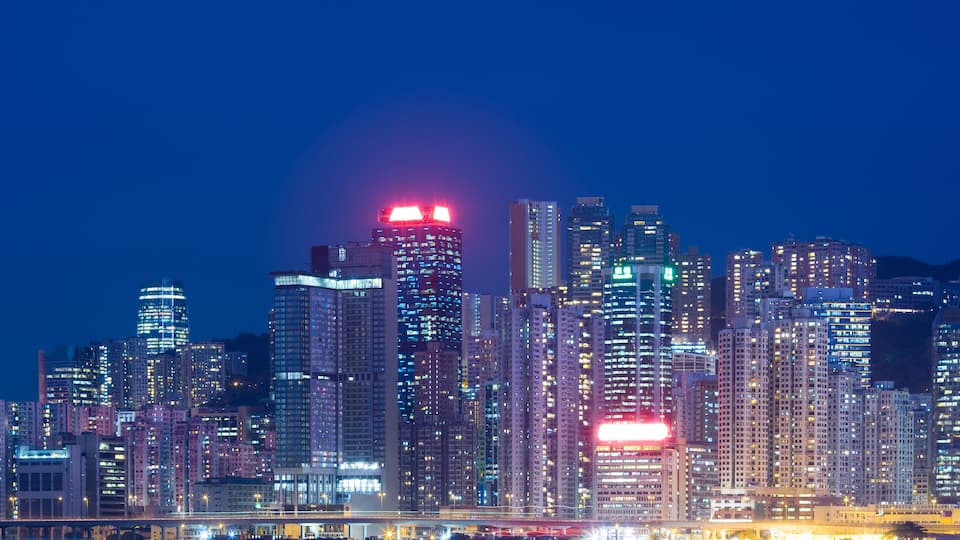 Skyline of apartment buildings at North Point District in the Eastern part of the island, Victoria Harbor, Hong Kong Island, Hong Kong, China, Asia