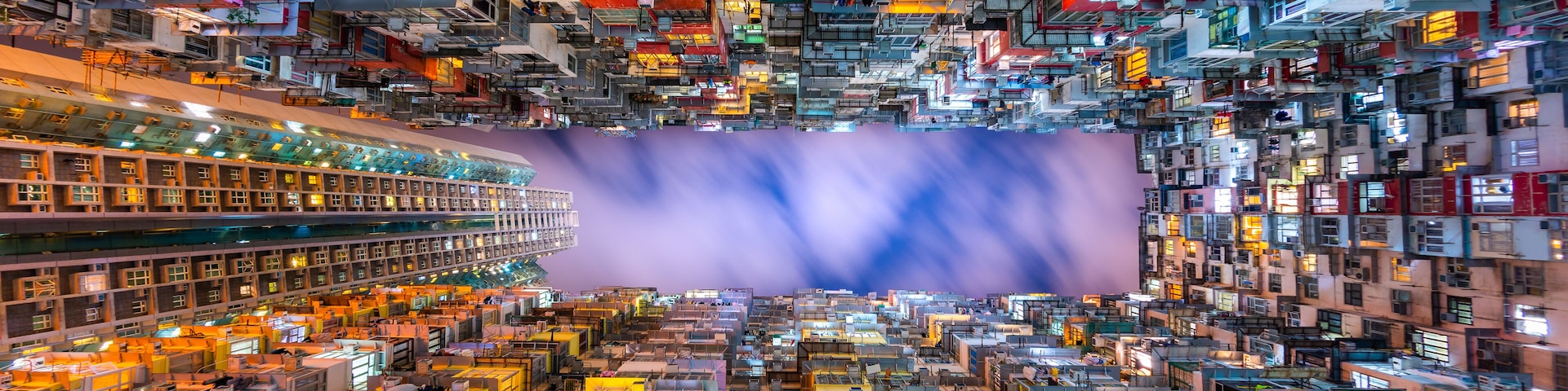 Colorful apartment building at Quarry Bay, Hong Kong, at Night.
