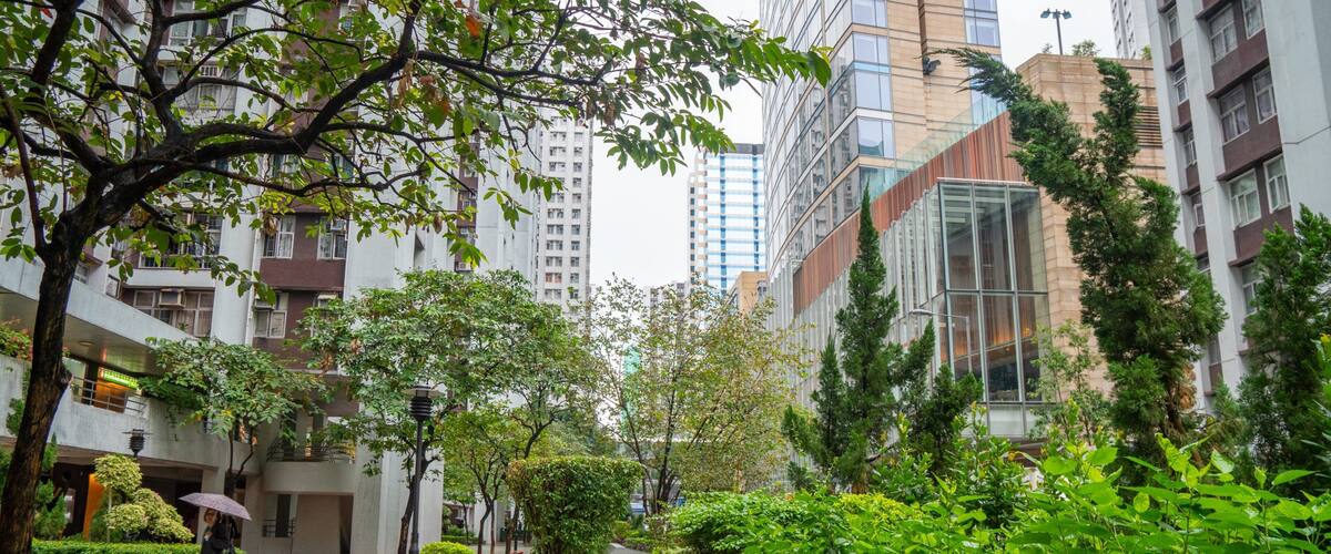 A pedestrian walkway lined with trees and shrubs, surrounded by modern buildings.