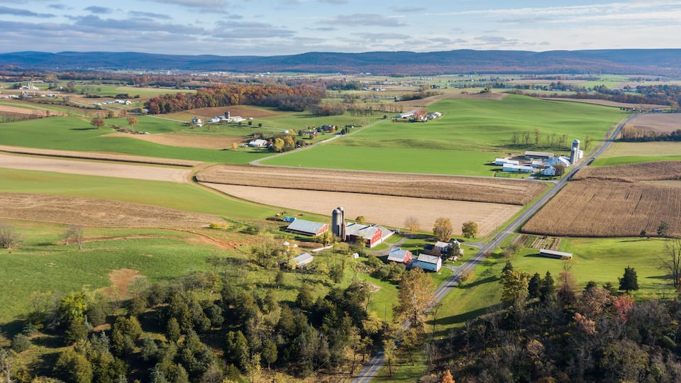 Aerial of Farmland Surrounding Shippensburg, Pennsylvania during late Fall