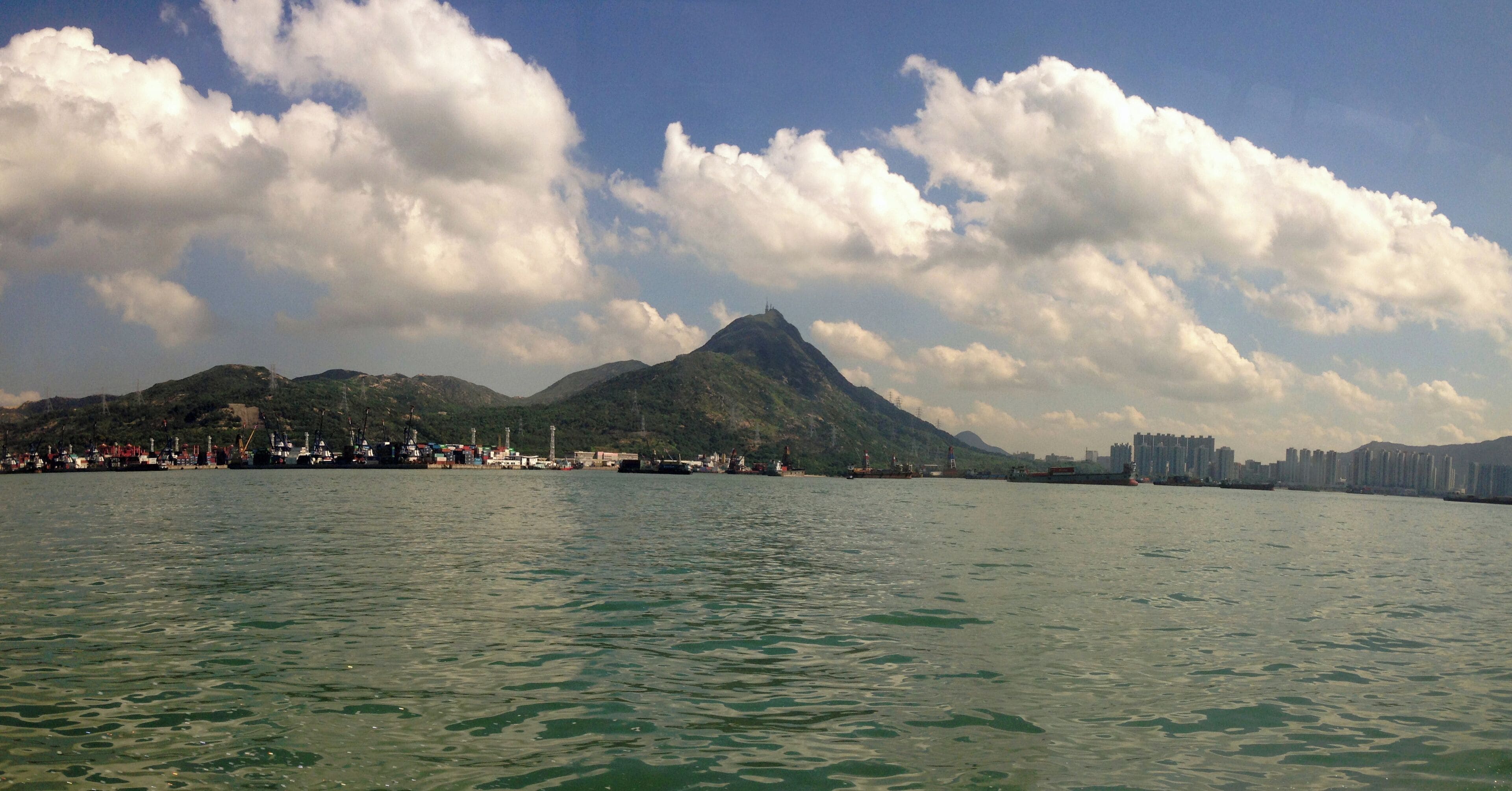 New Territories of Hong Kong viewed from a ferry going to Shenzhen