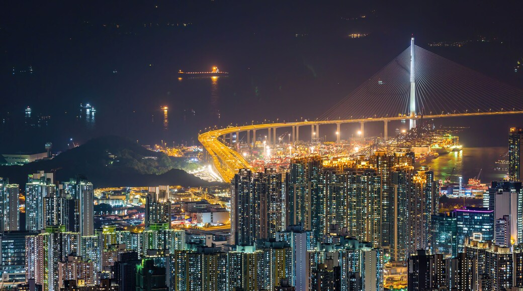 Amazing night view of the Stonecutters Bridge and Lai Chi Kok area of Hong Kong