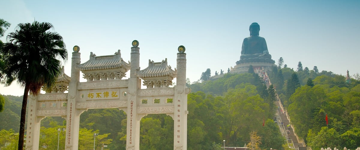 A large Buddha statue on a hill, an ornate gate, and a well-maintained garden with potted plants.