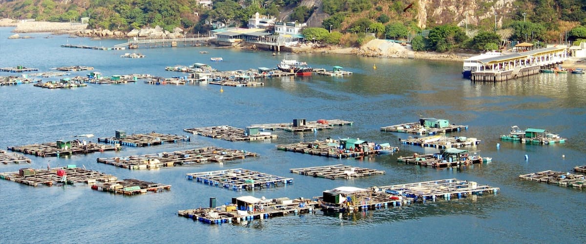 A river with floating docks and boats, surrounded by mountains and a bridge.