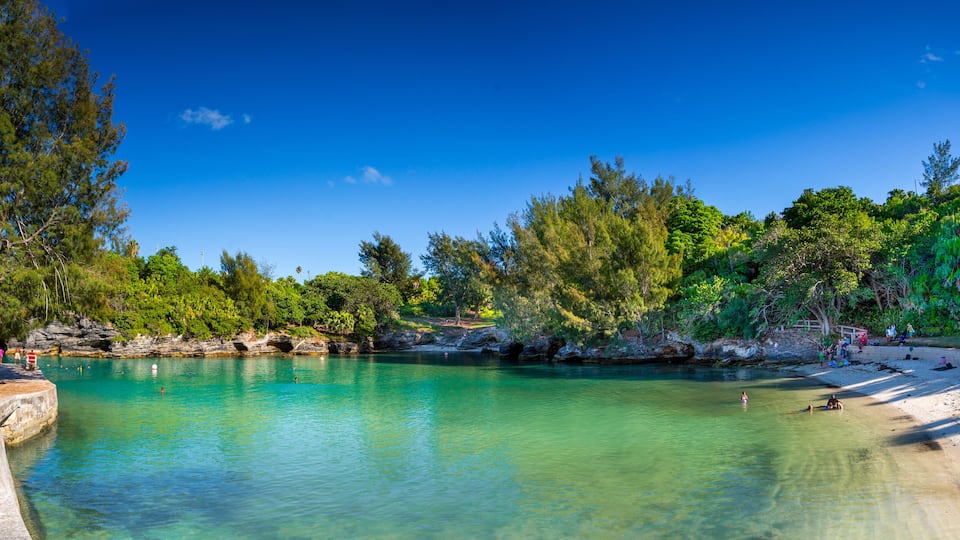 A clear turquoise pool surrounded by lush greenery and rocky outcrops.