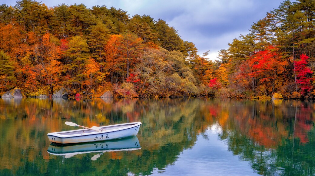 A calm lake with a rowboat, surrounded by autumn-colored trees.