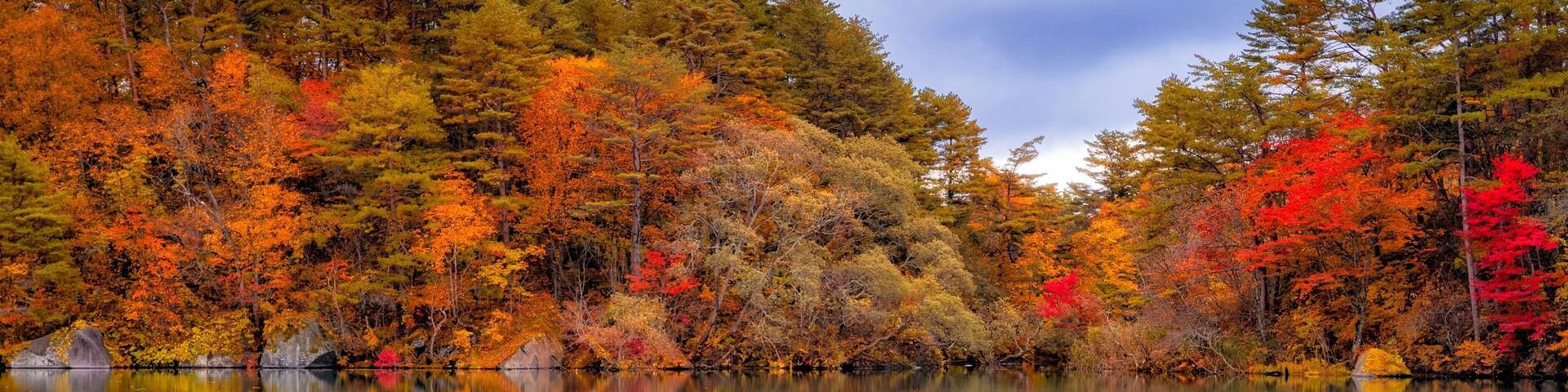 A calm lake with a rowboat, surrounded by autumn-colored trees.