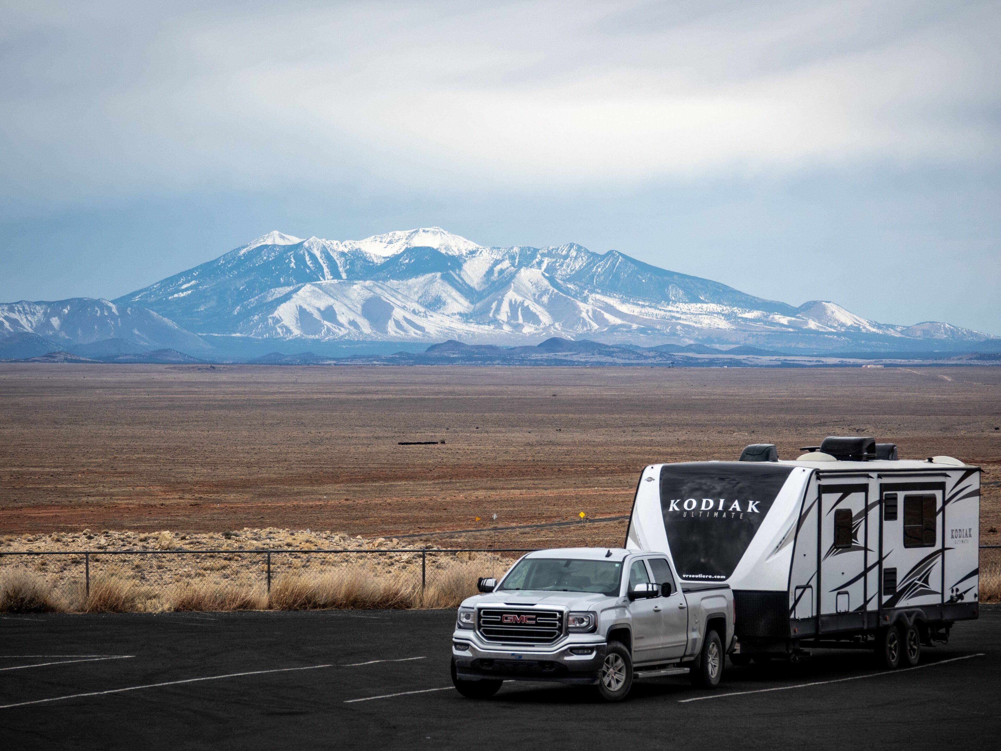 Looking back towards Flagstaff, Arizona from the Meteor Crater visitor center just east of the mountain range.