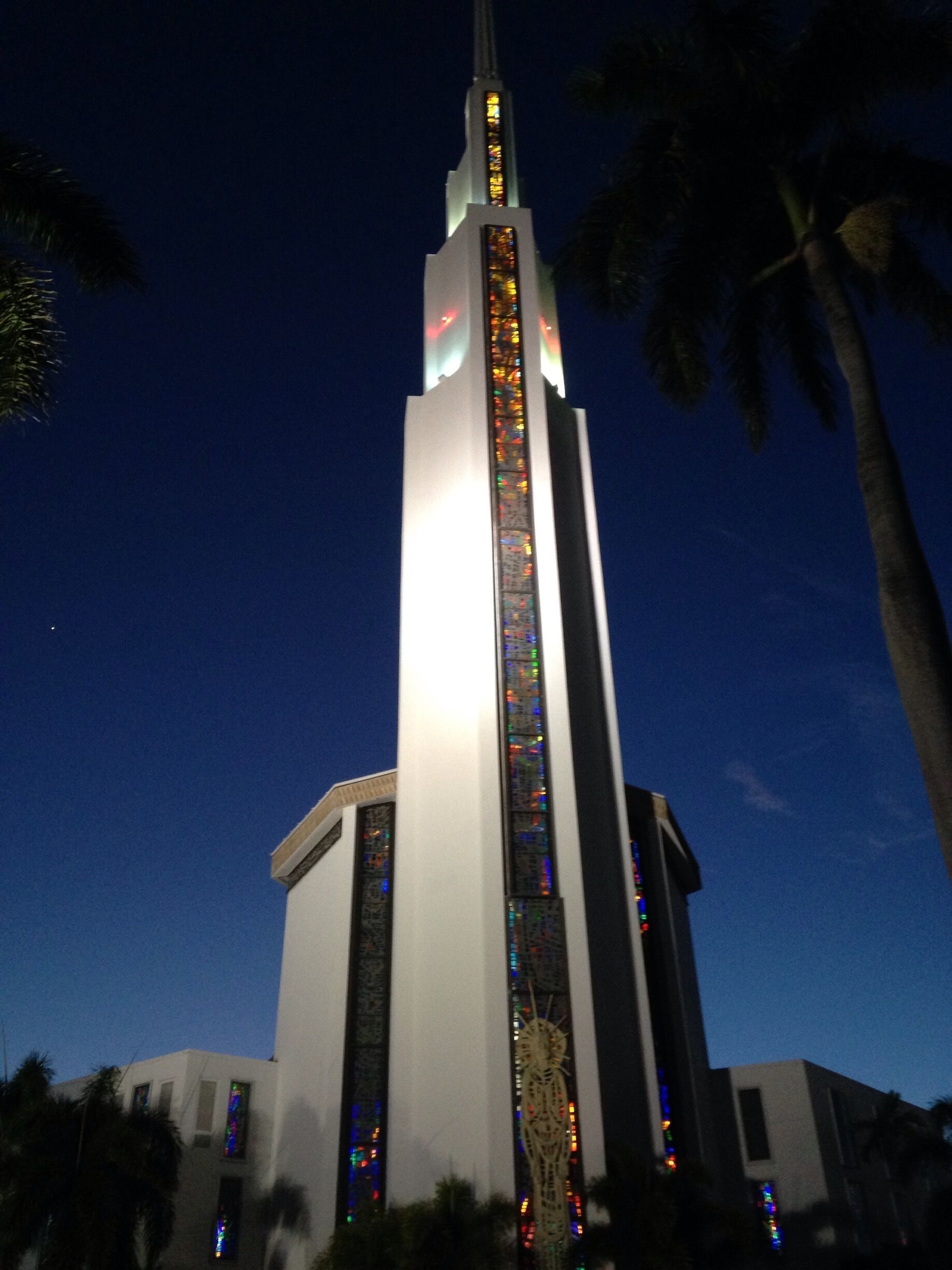 We went out for a drive with our good friends after dinner whiling vacationing in  Pompano Beach and stopped at Coral Ridge Church. Coral Ridge was founded by Dr James Kennedy who went home to the Lord in 2007. The sprior is 300 feet tall and has an amazing stained glass windows along the front.
