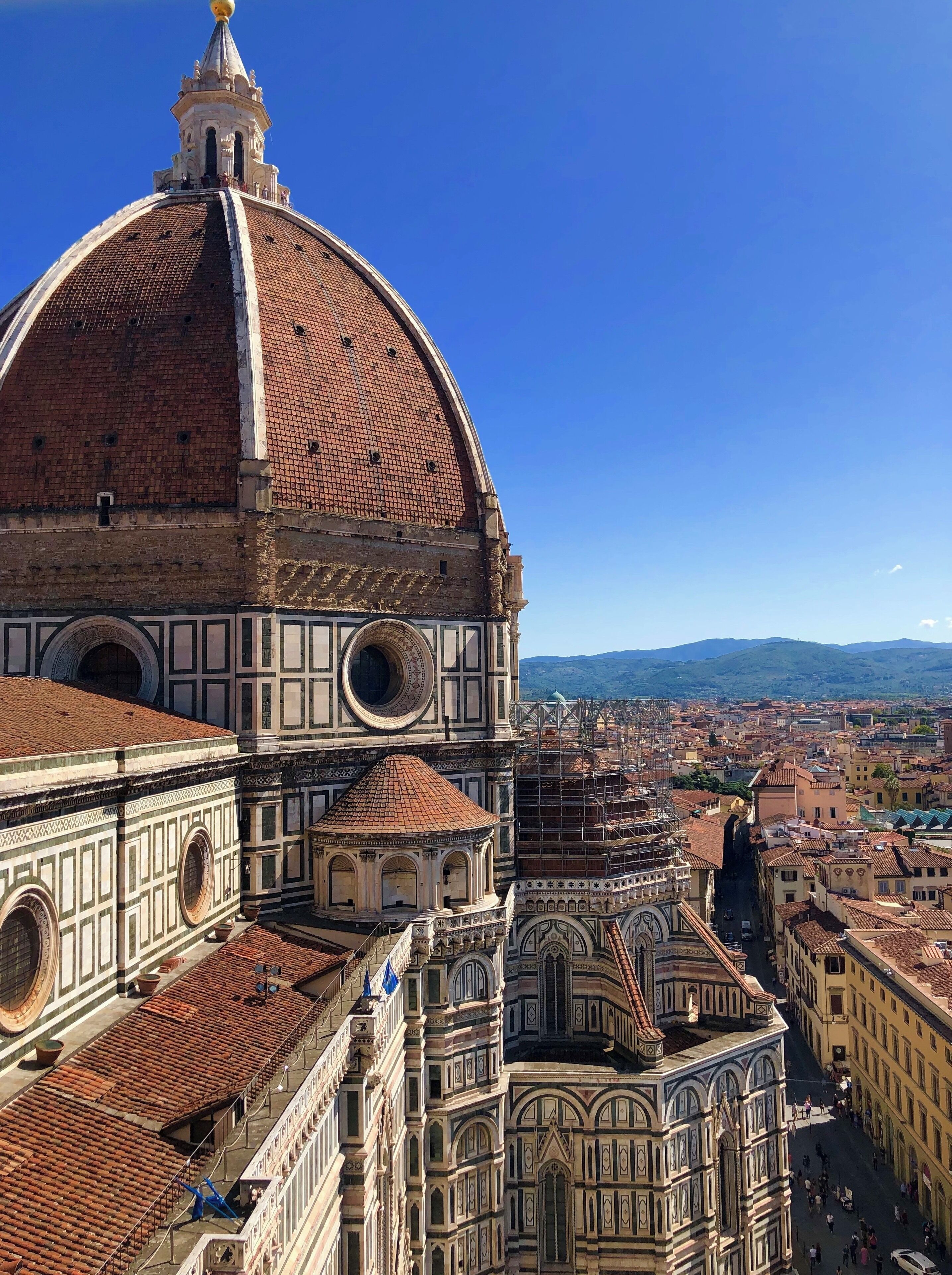 Beautiful view of Piazza del Duomo from Giotto’s Bell Tower in Florence.