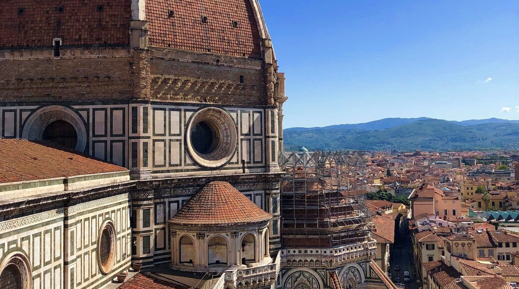 Beautiful view of Piazza del Duomo from Giotto’s Bell Tower in Florence.