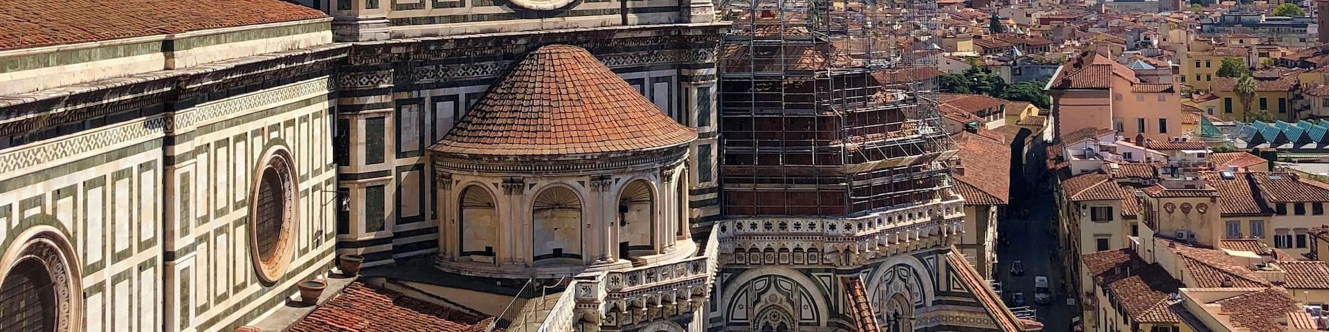 Beautiful view of Piazza del Duomo from Giotto’s Bell Tower in Florence.