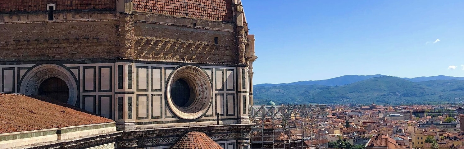 Beautiful view of Piazza del Duomo from Giotto’s Bell Tower in Florence.