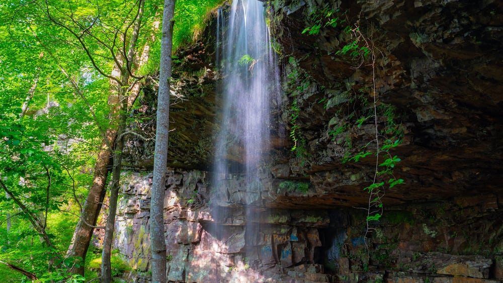 Wide angle vertical view of Keown Falls in Chattahoochee National Forest near Lafayette, Georgia. These falls are a wet weather waterfall and dry up during the dry seasons.