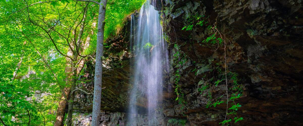 Wide angle vertical view of Keown Falls in Chattahoochee National Forest near Lafayette, Georgia. These falls are a wet weather waterfall and dry up during the dry seasons.