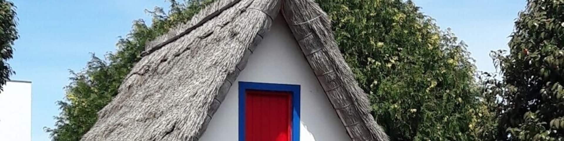 A traditional thatched-roof house with a red door and blue shutters, surrounded by a garden with flowering plants and a dirt path.