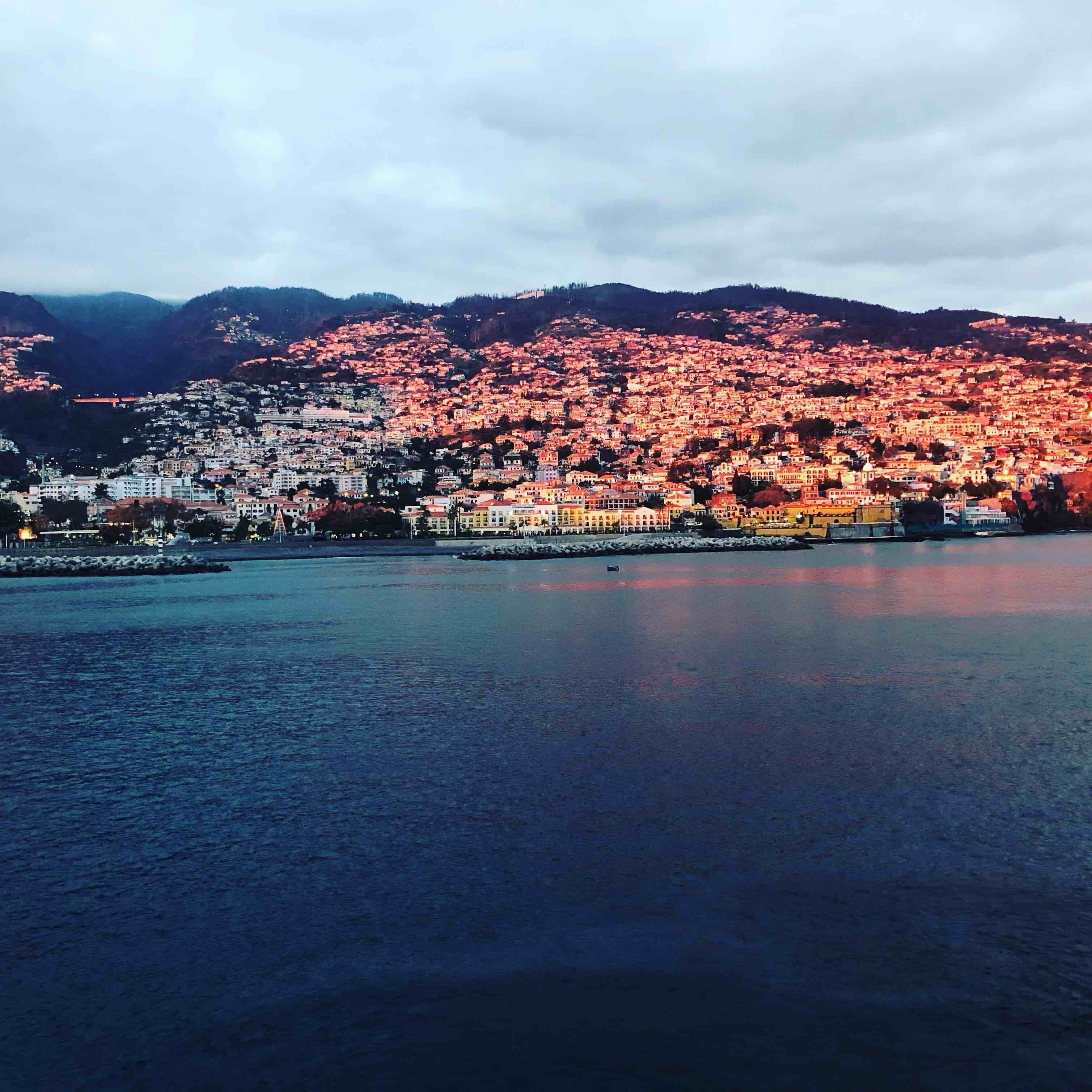 Madeira sunset when leaving on Arcadia on our journey to St Lucia