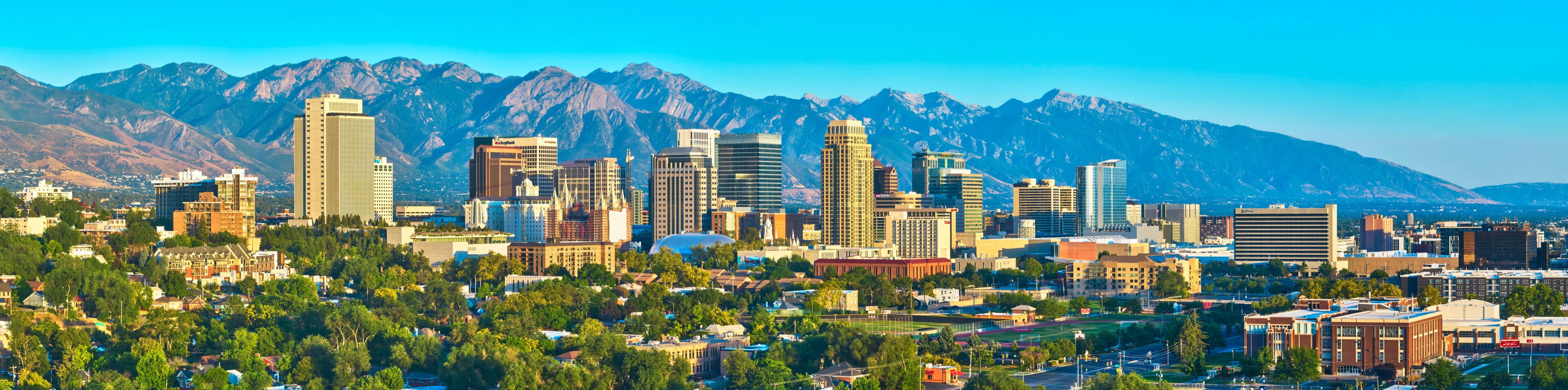 Aerial Salt Lake City Skyline Wasatch Mountains Downtown Panorama Golden Hour