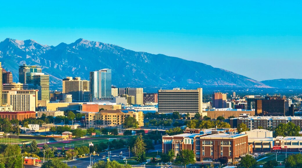 Aerial Salt Lake City Skyline Wasatch Mountains Downtown Panorama Golden Hour
