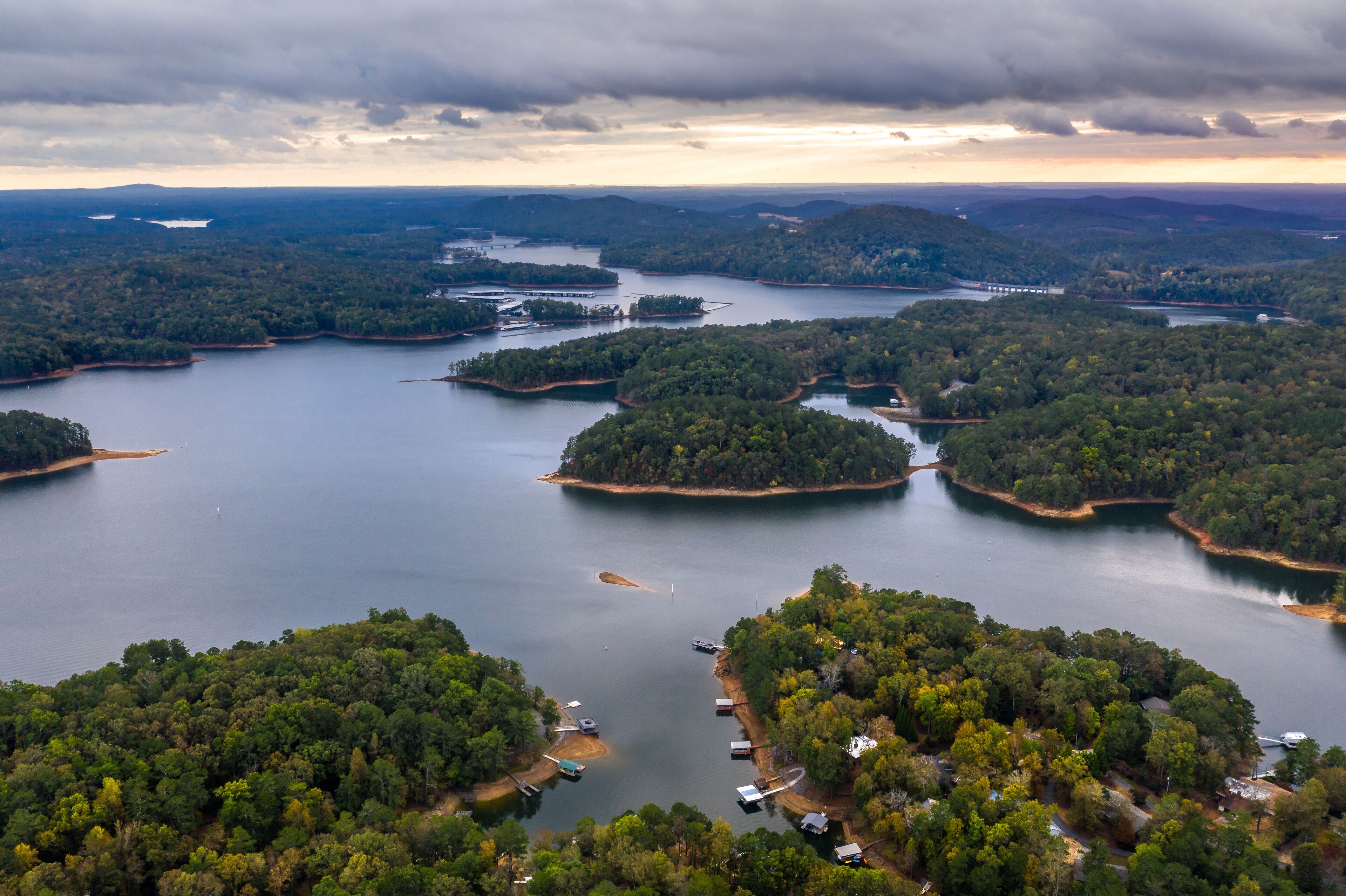Aerial view of Lake  Allatoona just after the sunset