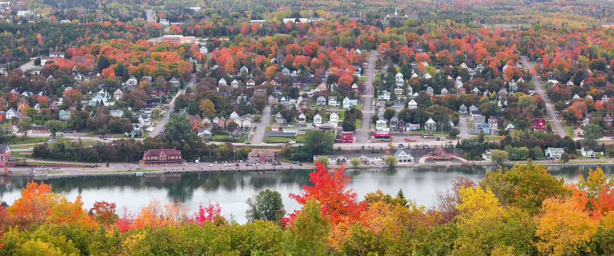 A residential area with autumn-colored trees and a lake.