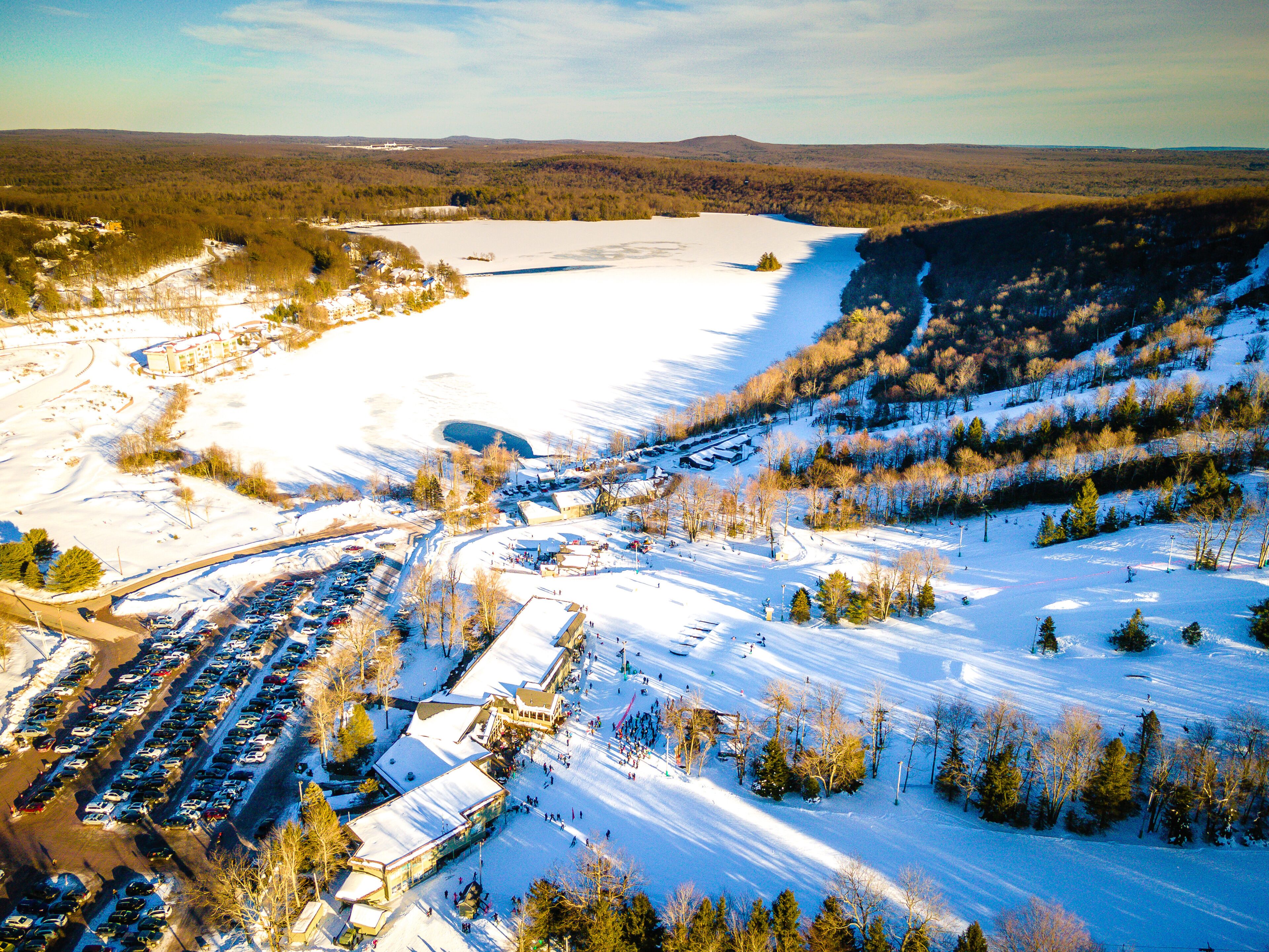 Aerial of Snow-covered Poconos Mountain