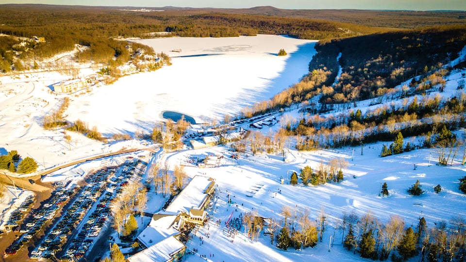 Aerial of Snow-covered Poconos Mountain