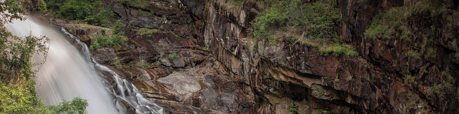 A waterfall cascading down a rocky cliff surrounded by greenery.