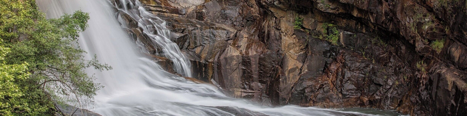 Una cascada se precipita por un acantilado rocoso rodeado de follaje.
