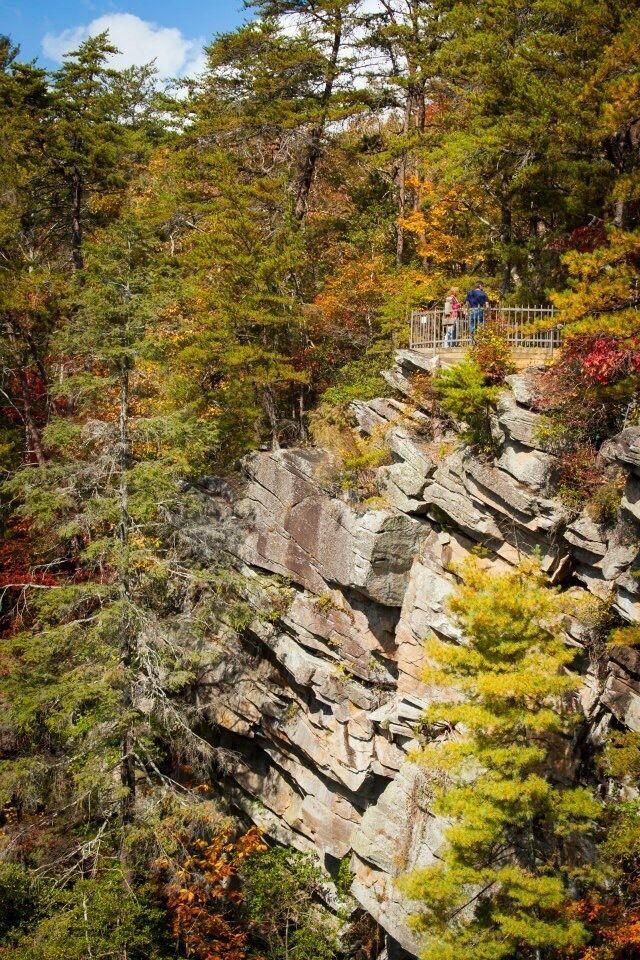 A rocky terrain with autumn foliage and a fenced area with people.
