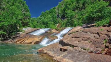 This is one of the many short falls on the Tallulah River at the bottom of Tallulah Gorge. To reach this point you have to climb 400 steps to the bottom of the gorge, cross the river (not easy) and hike about a half mile. It's a rugged hike over boulders and rock faces. Not for the faint of heart!
