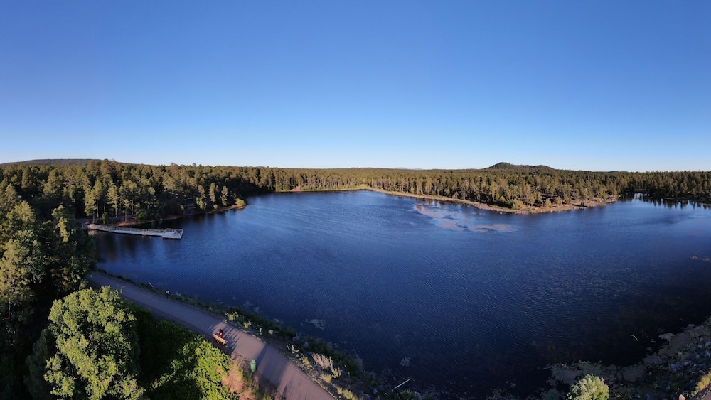 Aerial panoramic view of Woodland Lake in the small town of Pinetop / Lakeside, in Arizona's White Mountains.