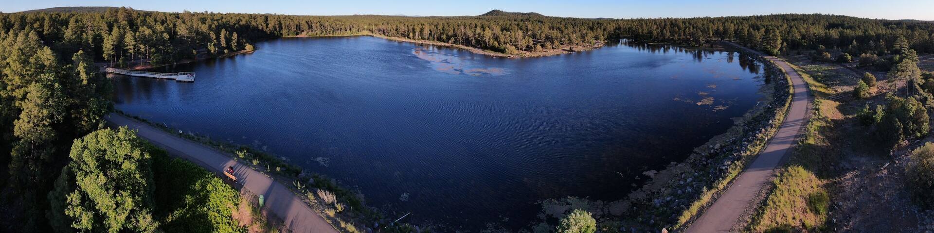 Aerial panoramic view of Woodland Lake in the small town of Pinetop / Lakeside, in Arizona's White Mountains.