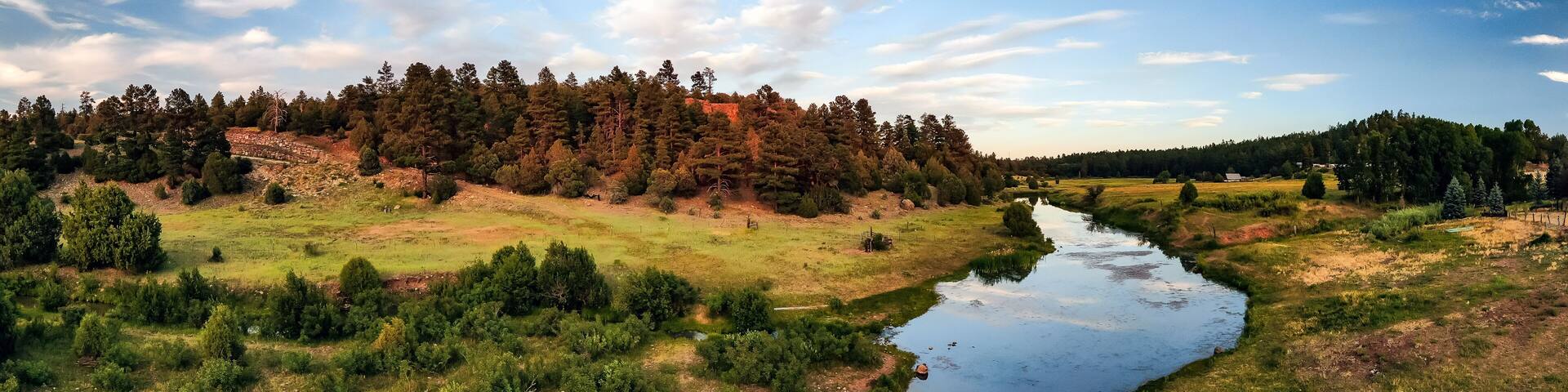 Aerial panoramic image of Show Low Creek in the White Mountains of Northeastern Arizona.