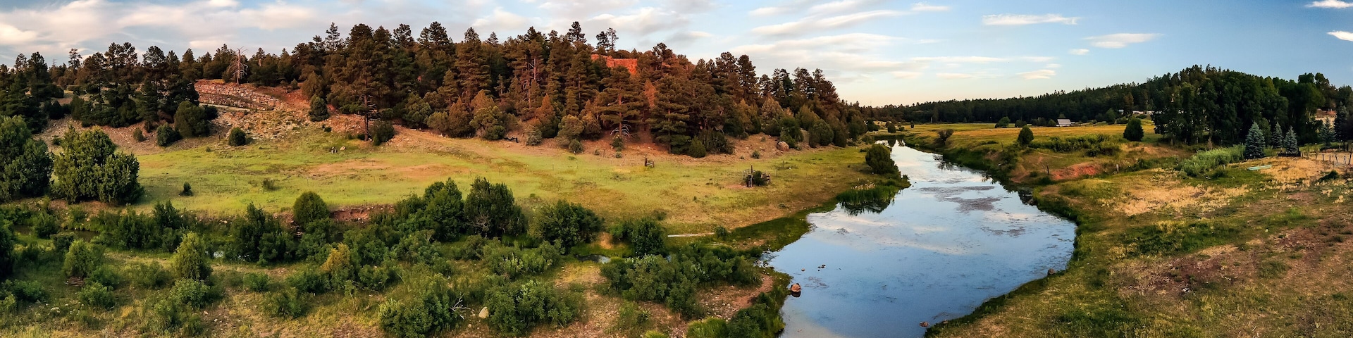 A river meandering through a forested landscape with a clear sky.