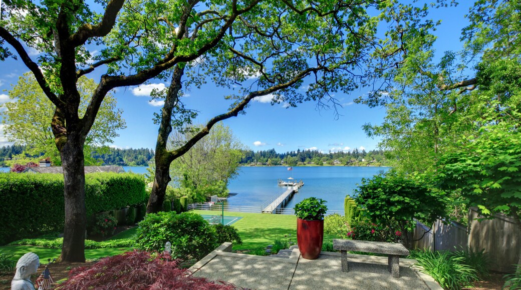 Tennis court with lake and bright green grass.