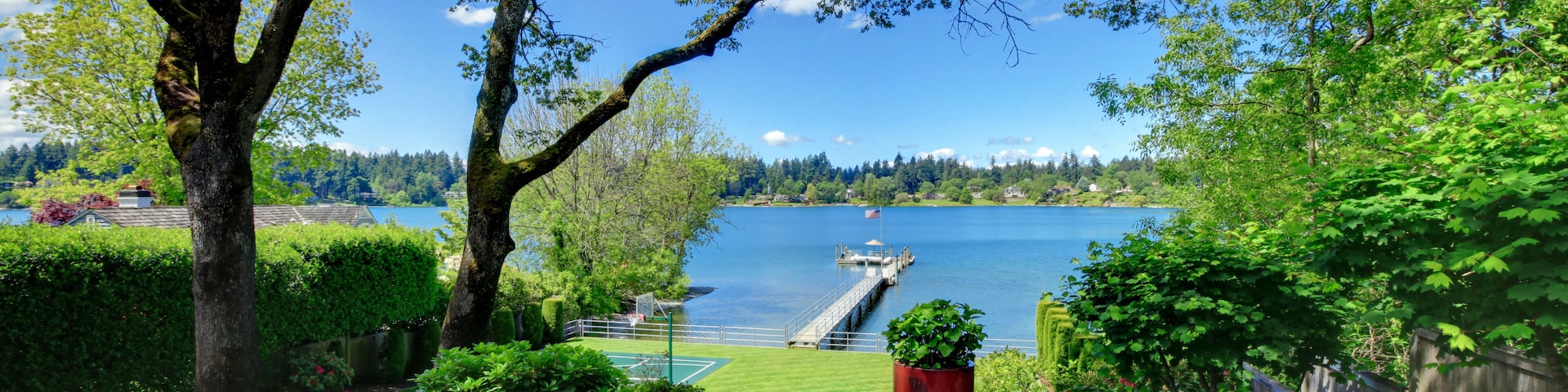 A serene lakeside garden with a bench, a large tree, and a view of a dock extending into the water.