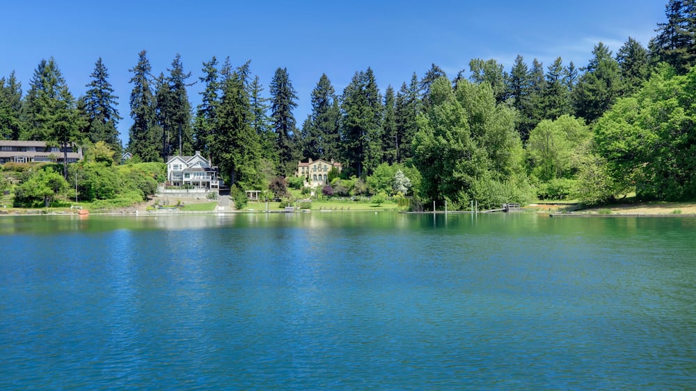 Lake waterfront with houses. Gravelly lake in Lakewood, WA.