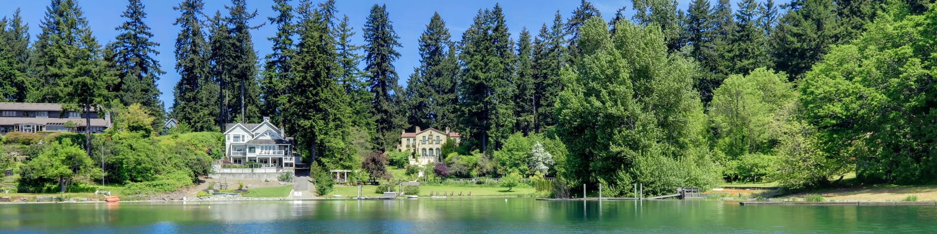 Lake waterfront with houses. Gravelly lake in Lakewood, WA.