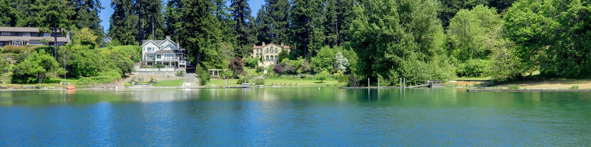 Lake waterfront with houses. Gravelly lake in Lakewood, WA.