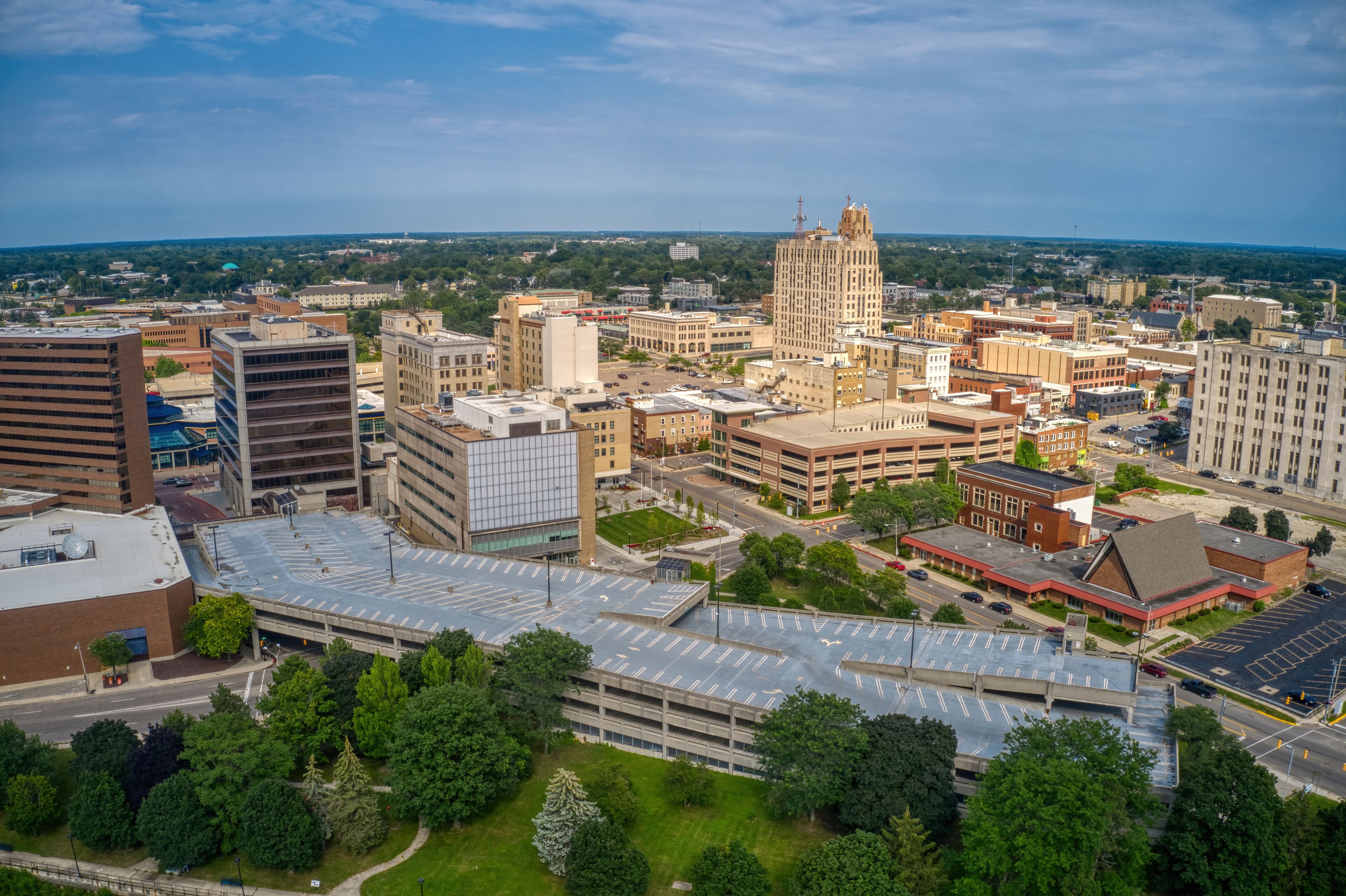 Aerial View of Downtown Flint, Michigan in Summer