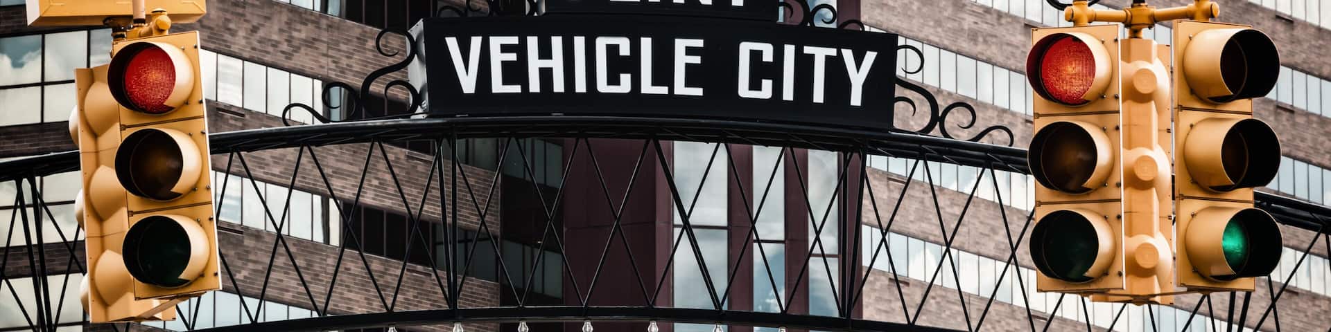Flint, Michigan downtown gateway sign showing Vehicle City. Known widely for their water quality and safety issues.