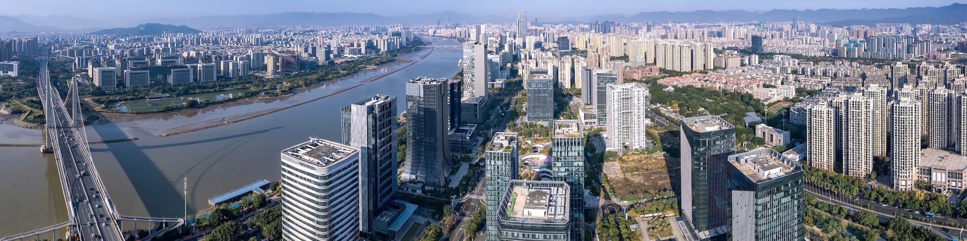 Aerial View of Modern Urban Skyline with Skyscrapers