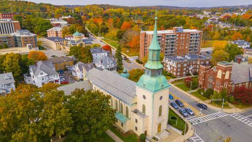 Trinity Lutheran Church at 73 Lancaster Street in historic downtown of Worcester, Massachusetts MA, USA.