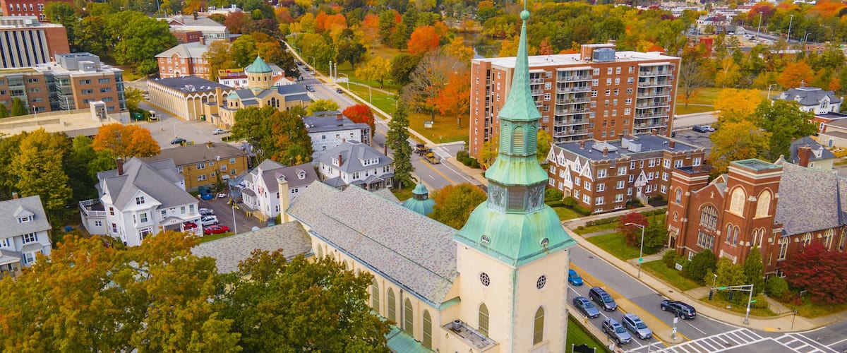 Trinity Lutheran Church at 73 Lancaster Street in historic downtown of Worcester, Massachusetts MA, USA.