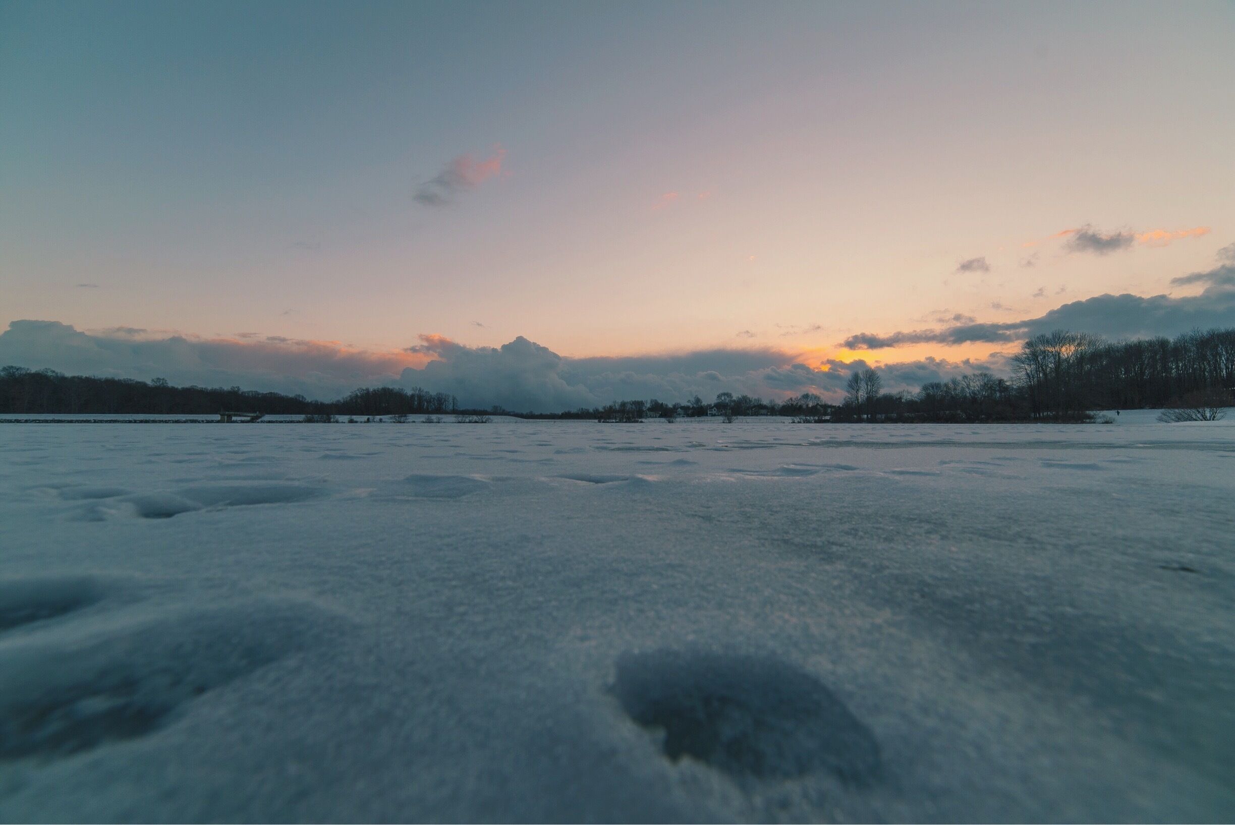 Snowy, frozen lake #snow #sunset #lake #corecreekpark 