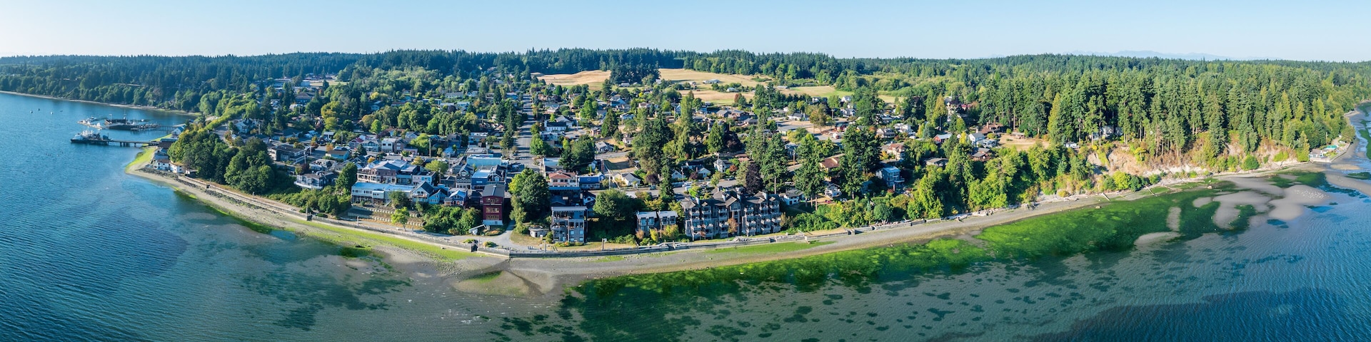 An aerial view of a coastal town with dense housing, a pier, and a river.