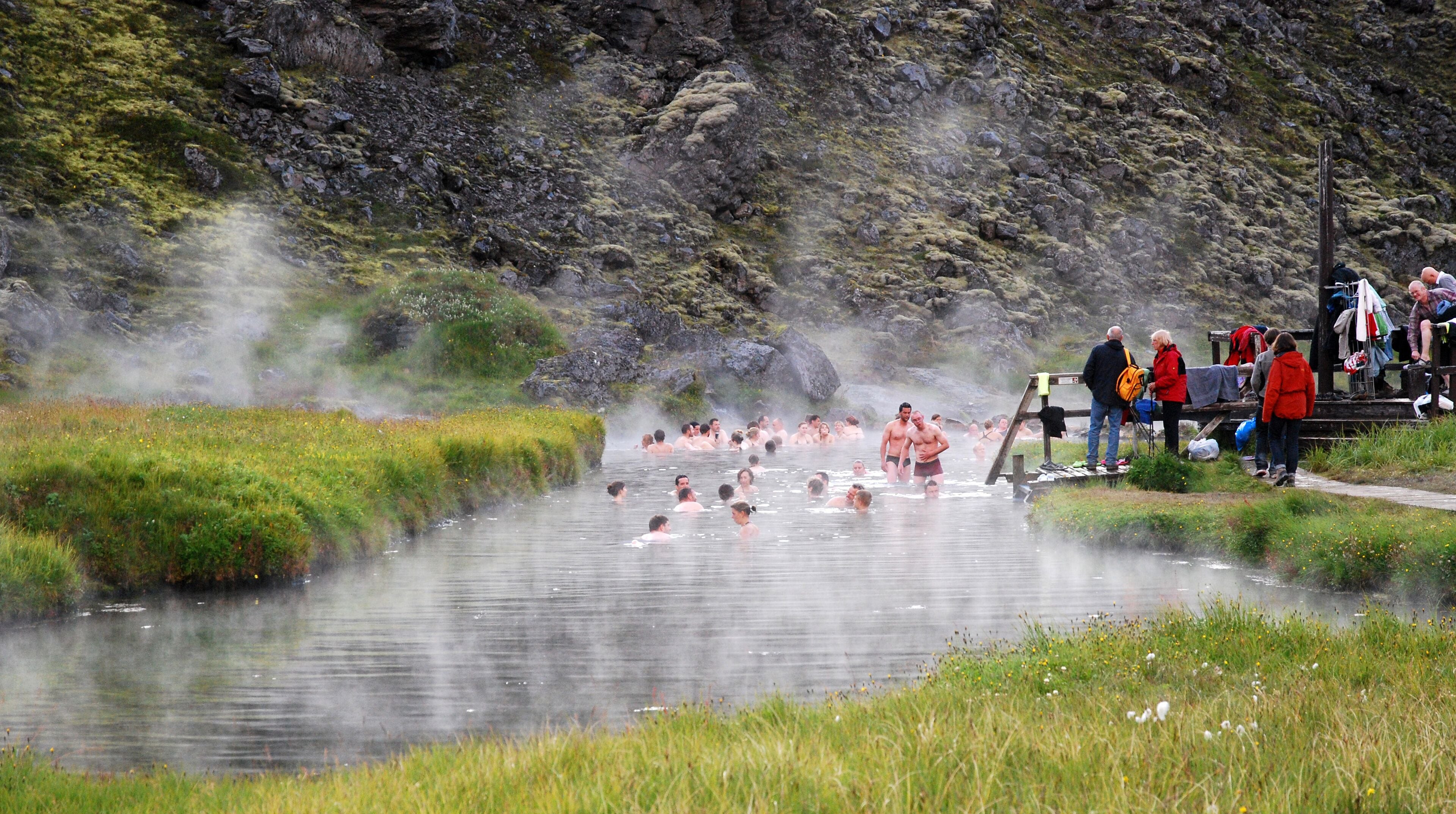 A group of people in a natural hot spring surrounded by greenery and rocky terrain.