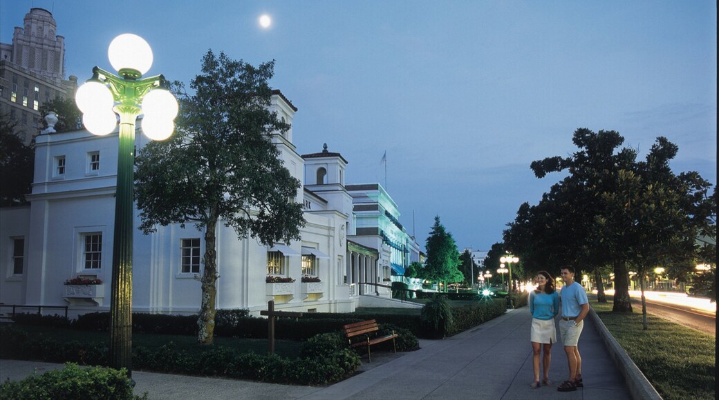 Lava Hot Springs featuring night scenes and heritage architecture as well as a couple