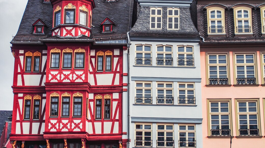 The traditional half-timbered houses in the historical old center of Frankfurt am Main.